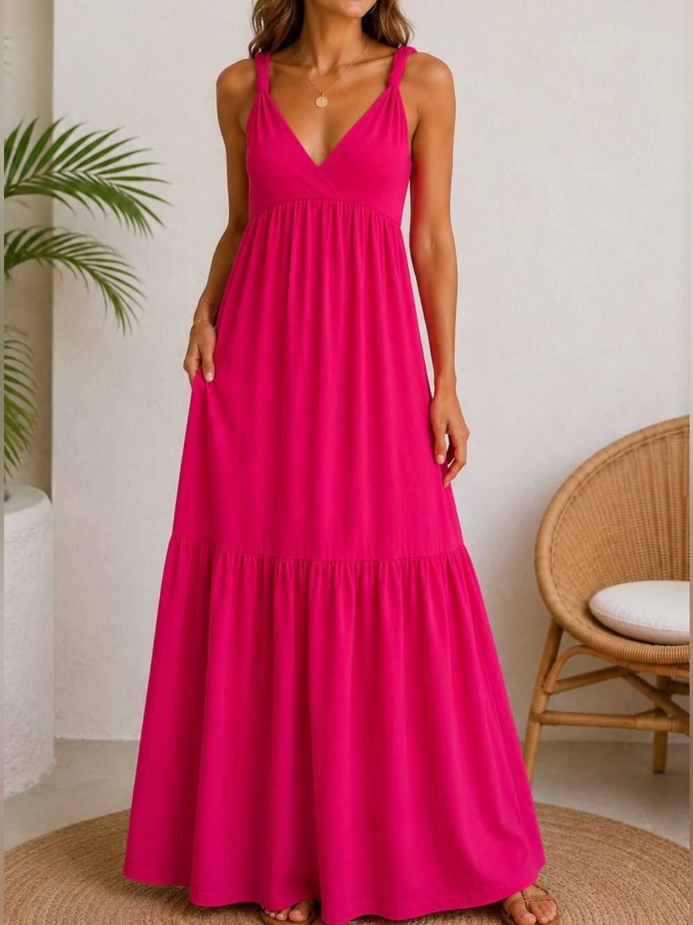 Just Love Hot Pink Maxi Dress L Empire Waist Sleeveless Boho Cottagecore Bodycon